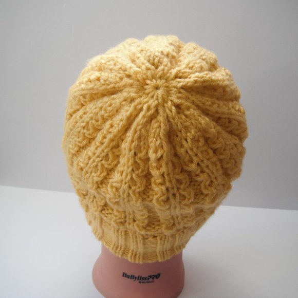 Hand Knitted Hat Toque Adult Size-M-L Acrylic Color Yellow - 030 Hand knit by me - Picture 3 of 8